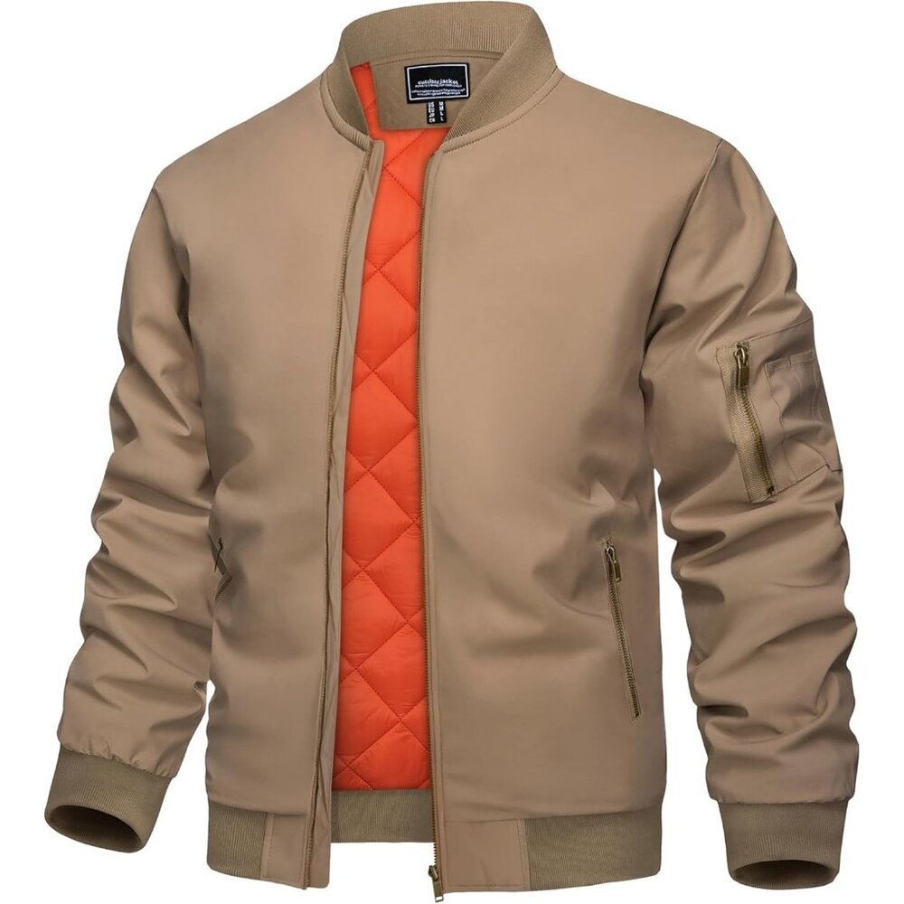 Men's Khaki Bomber Jacket Coats Stylish Casual Winter Warm Full Zip Pocket